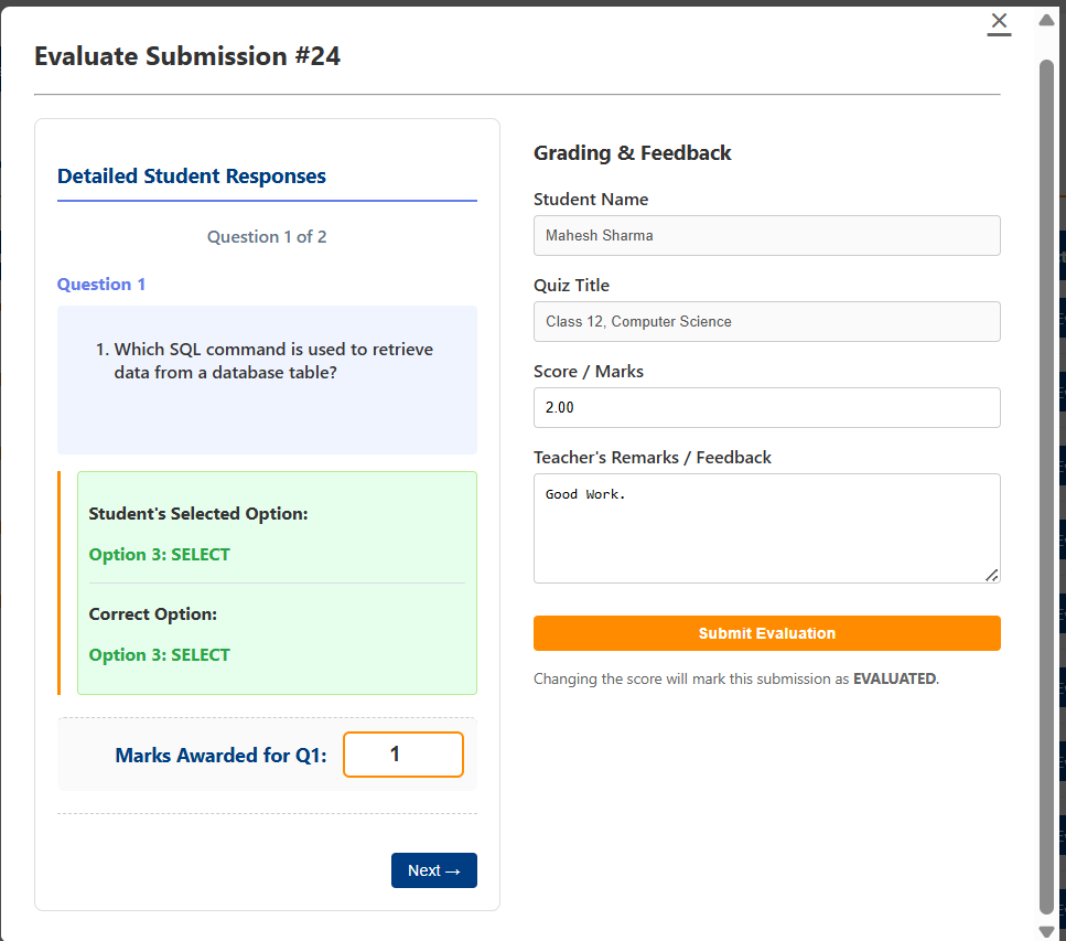 Evaluate Student Submissions - Grade answers and provide personalized feedback